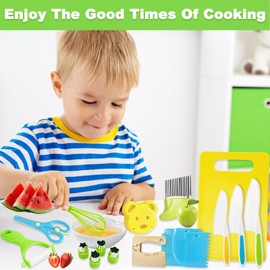 17 Stück Kindermesser mit Gemüse Ausstechformen & Schneidebrett Schäler, Kinder Sicherheit Küchenmesser Set, Kinderküche Holzmesser, Kleinkinder Kochen Messer Zubehör für 2 ab Jahren Junge & Mädchen