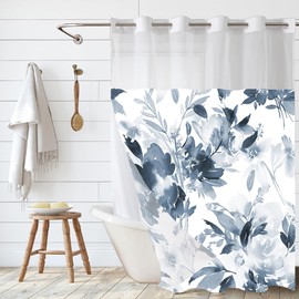 Navy Blue Floral Shower Curtain No Hook with Snap in Liner- Watercolor White Hotel Shower Curtains for Bathroom, Modern Ink Flowers Plant Bath Curtain, Water-Repellent & Washable Fabric,71 x 74 inches