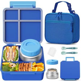 Kids Bento Lunch Box with Thermos, Leakproof Toddler Bento Box with 9 OZ Insulated Food Jar, Lunch Bag & Utensils 3 or 4 Compartment Container for School Girls Boys
