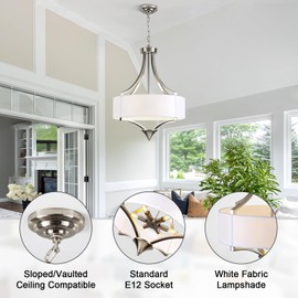 6-Light Brushed Nickel Chandelier 19.7" Modern Drum Chandeliers for Dining Room Light Fixture with White Fabric Shade Large Pendant Lighting for Kitchen Island Living Room Bedroom Foyer Over Table,E26