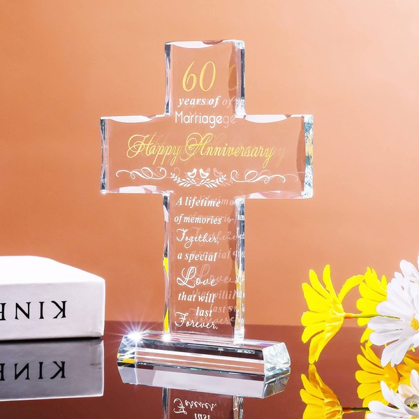 Movdyka Crystal 60th Anniversary Cross Ornaments Gifts for Parents, 60 Years of Marriage Wedding Keepsake for Partner Couple, Glass Etched Cross Home Decor
