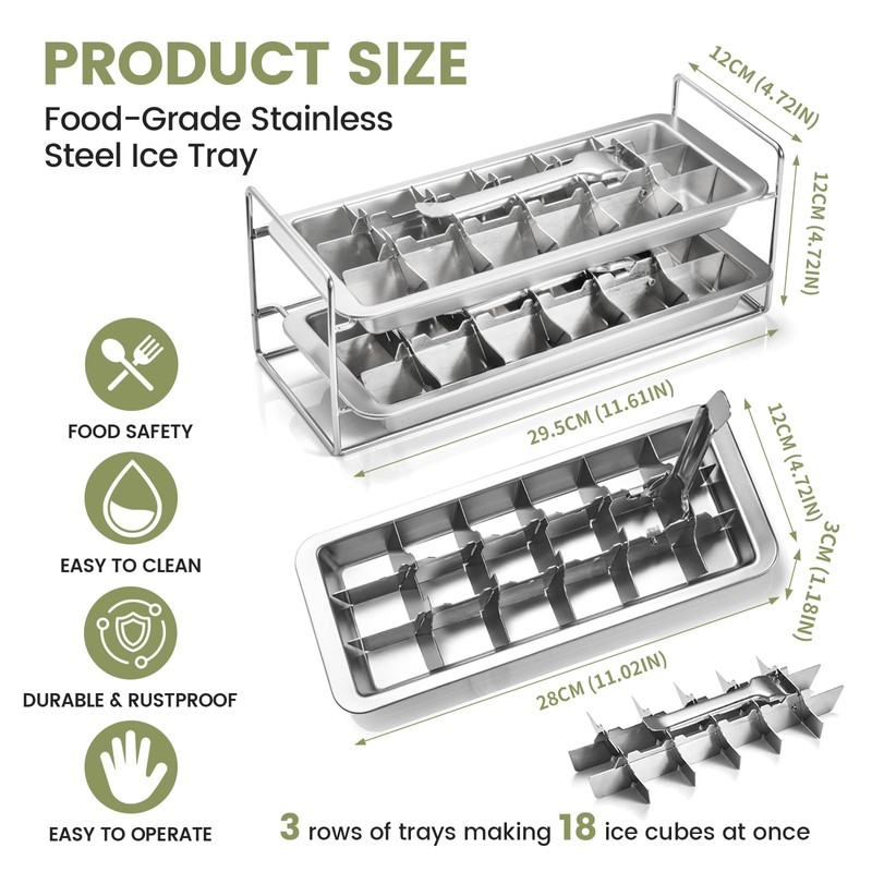 Stainless Steel Ice Cube Tray with Lever - 18 Large