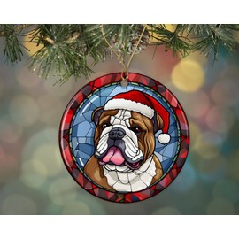 English Bulldog Christmas Stained Glass Ceramic Ornament, Christmas Tree Hanging Ornament, Dog Stained Glass Ornament, Ornament Religious Gift for Christians Printed on Both Sides