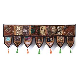 INDIAN CRAFT CASTLE Cotton Vintage Patchwork Door Hanging Valance Window Hand Embroidered Toran Bohemian Decor Living Room Wall Home Handmade Thoranam Bandanwar Decorations (Brown, 1 Meter)