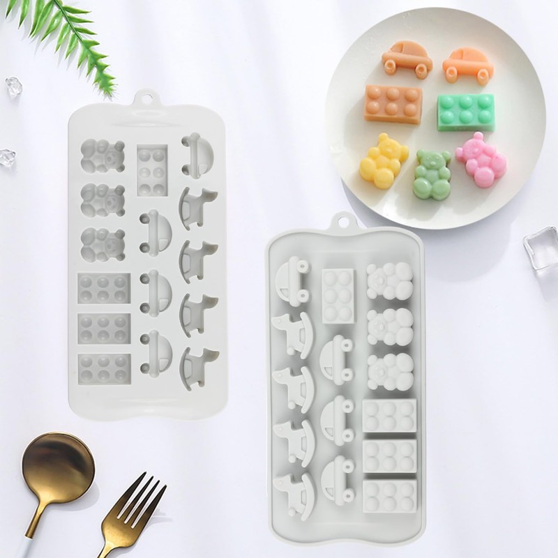 AIBOYA 15 Cavity Bear Silicone Candy Molds Car Wooden Horse