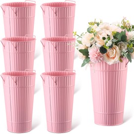 Layhit 6 Pack 12 Inch Vintage Galvanized Flower Buckets Metal Flower Vases with Handle Farmhouse French Planter Floral Container for Flowers Home Table Centerpiece Wedding Decor(Pink)