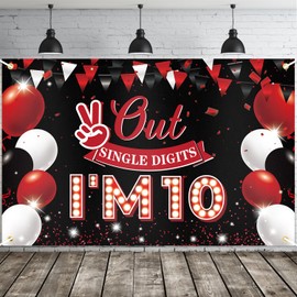 JOYKY Out Single Digits I’m 10 Banner, Red Black Happy 10th Birthday Party Decorations for Boys Girls, Double Digits 10 Year Old Birthday Supplies Backdrop Décor, 5.9 X 3.8 Fts