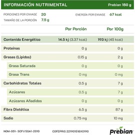 Prebian, Prebióticos, Alimenta tus Probióticos, Fortalece la Microbiota intestinal, Favorece la Salud Digestiva. Sin Sabor, Keto Friendly,Organico (2pack-2bolsas 150gc/u)