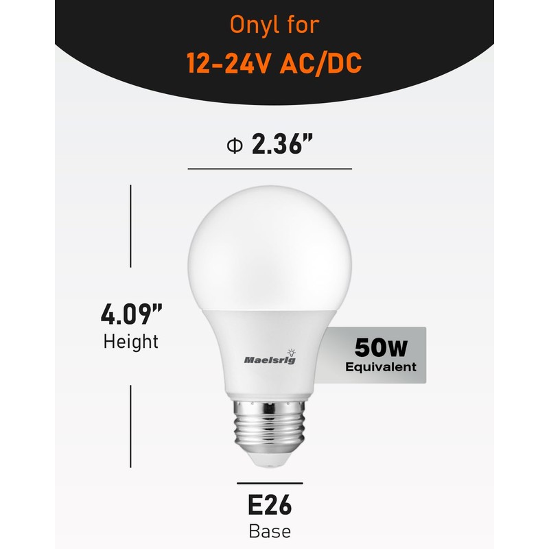 Maelsrlg 12V LED Bulb 6W(50W Equivalent), Daylight 5000K, 12V-24V AC/DC,