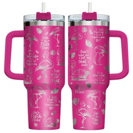 Flamingo Tumbler with Handle and Straw, 40oz Pink Cup Stainless Steel, Pink Bird Insulated Mug, Engraved Bird Tumbler, Funny Flamingo Gifts for Women Friends