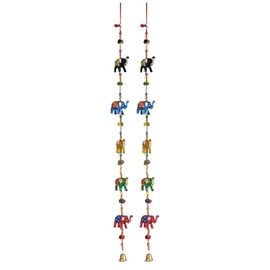 Set of 2 Ethnic Kalamkari Multi colour Hand Painted Door Hanging Ornament Decorative Five Elephant Stringed Together with Beads and Bell Winf Chime