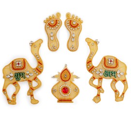 Shubh Labh Charan Diwali Lakshmi Charan Pagla Padhuka Footsteps Kalash Floor Wall Main Door Stickers for Festival Pooja Home Temple Office Décor Decoration and Gifting New (Yellow)