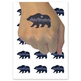 Mountain Scene Bear Silhouette Temporary Tattoo Water Resistant Fake Body Art Set Collection - 15 2" Tattoos (1 Sheet)