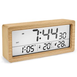 muenfly Digital Alarm Clock, 14.5 x 5.5 cm Large Screen Table Clock with Snooze/Date/Temperature and Humidity for Bedside, Bedroom, Night Children and Office (Beech Wood)