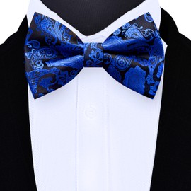 GUSLESON Royal Blue Bow Tie for Men Pre-Tied Silk Blue Black Paisley Bowties for Wedding Party (0496-39)