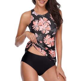 Holipick Traje de baño tankini de dos piezas para mujer, con control de abdomen, cuello alto, halter, playera sin mangas con pantalones cortos, Flor negra, XS