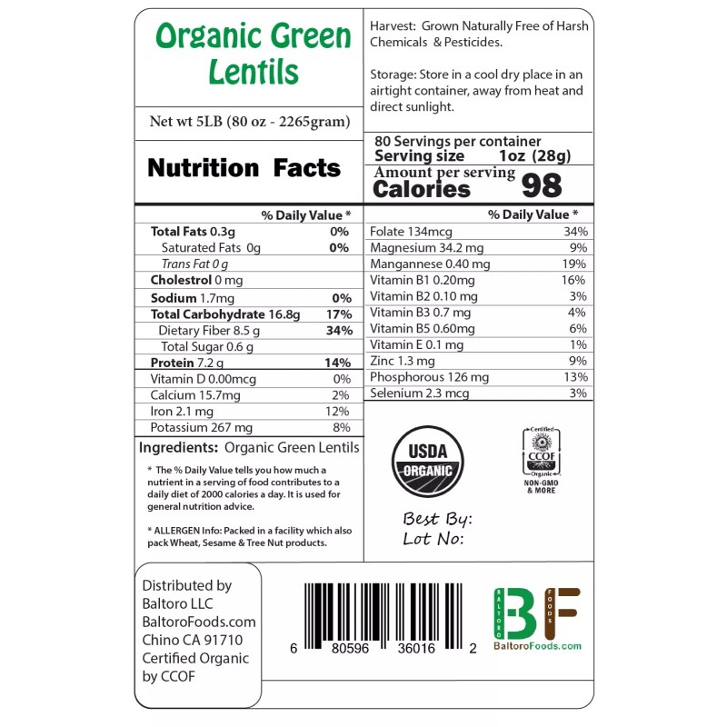 BALTORO FOODS Organic Green Lentils Whole Raw, High Fiber Non-GMO-Bulk