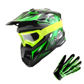 1Storm Motocross Adult Helmet BMX MX ATV Dirt Bike Helmet Racing Green + Goggles + Skeleton Green Glove Bundle