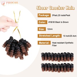 PHOCAS 3 Packs Synthetic Short Curly Crochet Hair for Black Women Short Crochet Braids(10'' 20roots/pack Black to Brown)