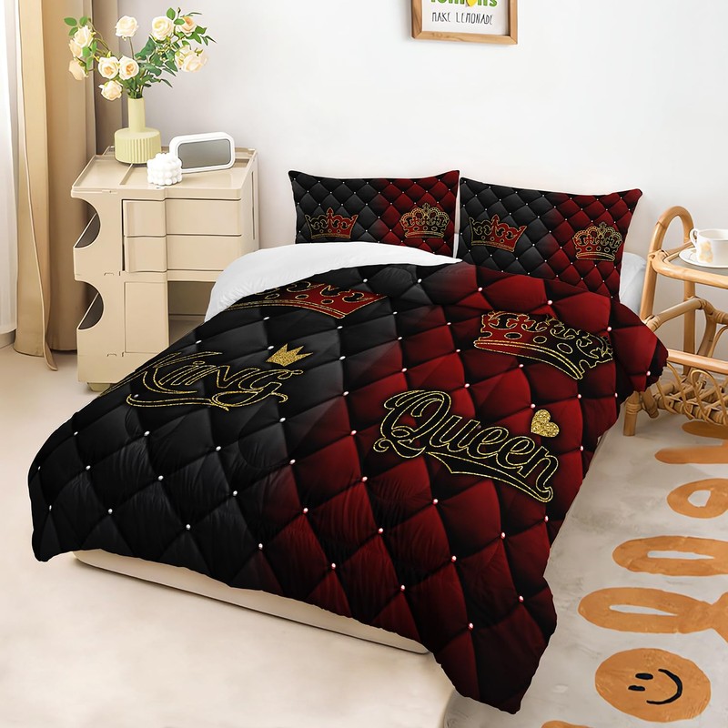 AILONEN Black and Red Comforter Set,King and Queen Printed Crown