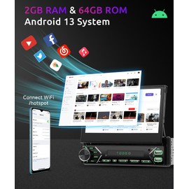 Android 13 2G 64G Single Din Car Stereo with Wireless Carplay Android Auto (Manual) 7 Inch Flip Out Touchscreen Car Radio 5.0 Bluetooth MirrorLink Backup Camera/USB/AUX Type-C/RDS/FM/WiFi/EQ
