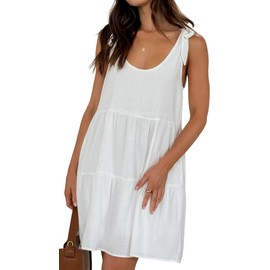 R.Vivimos Womens Summer Casual Cotton Linen Mini Dress 2025 Adjustable Straps Sleeveless Loose Flowy Beach Dress with Pockets (Large, White)