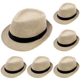 LYCN 6 Pack Short Brim Fedora Hats, Panama Straw Hats Bulk for Men & Women,1920s Sun Hat Trilby Hat for Beach Party Costume (Beige)