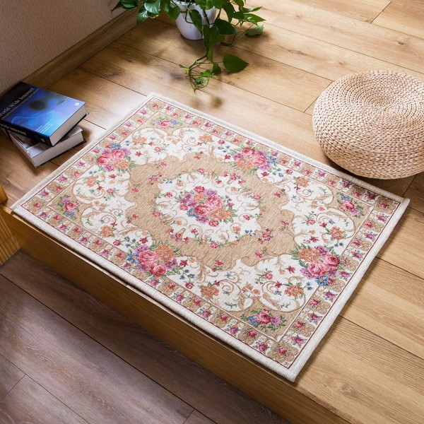 INSIMAN Entrance Mat, Indoor Doormat, Mud Removing Mat, Gorgeous, Stylish, Floral Pattern, Rose Pattern, Beige, Washable, Water Absorbent, Quick Drying, 19.7 x 31.5 inches (50 x 80 cm), Gobelin Weave, Abrasion Resistant, Antibacterial, Odor-Resistant, An