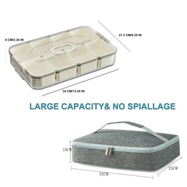 Snackle Box Container with Insulated Bag & 4 Forks, Portable Divided Serving Tray with Lid and Handle for Veggies, Fruit, Candy, Nuts, Crackers, Versatile Serving Platter for Picnic, Beach (Grey Bag)