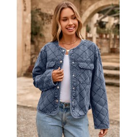 Glamaker Jean Jacket Women Denim - Long Sleeve Button Down Diamond Quilted Lightweight Jackets Fall Winter Shacket Coats,Grey Blue M