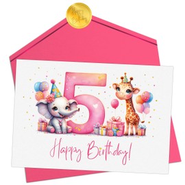 Joli Coon 5th Birthday card girl - Premium Happy Birthday cards for children - 5 year old birthday card girl with envelope and golden seal