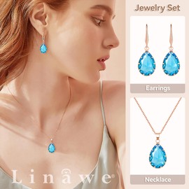 Linawe Aquamarine Blue Jewelry Sets for Women, Rose Gold Pendant Necklace and Earring Set, Birthstone Crystal Imitation Diamond Necklace Set, Rhinestone Tear Drop Earrings Jewelry Set