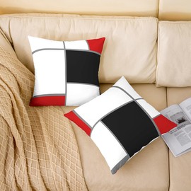 Feelyou Set of 2 Geometry Strip Lines Throw Pillow Covers,Abstract Art Cushion Case for Home Living Room Decor,Reversible Geometric Square Red White Black Decorative Throw Cushion Case,24x24 Inches