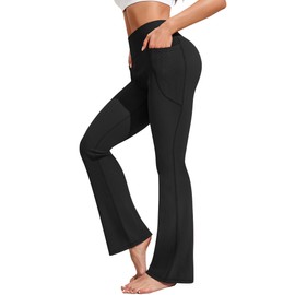 PINSPARK Black Flare Leggings for Women with Pockets Elastic High Waist Flares Yoga Pants Full Length Bootcut Yoga Pants XS