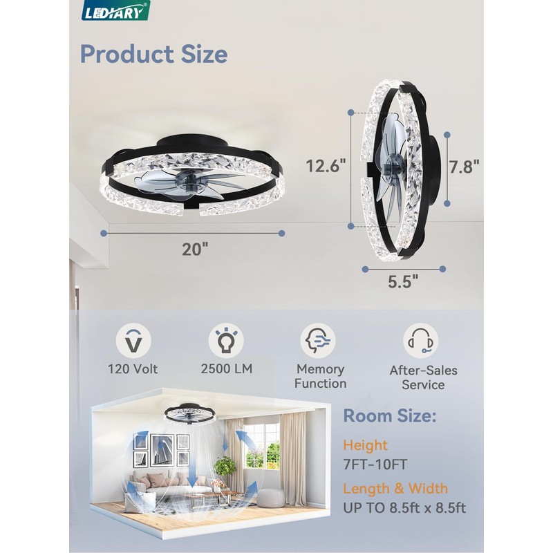 LEDIARY 20 Inch Low Profile Ceiling Fans with Lights and