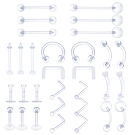 Yolev 31 Piece Plastic Nose Piercing Set Transparent Ear Piercings Holder Belly Button Ring Plastic Earring for Lip Eyebrow Transparent Nose Ring Labret Piercing Tragus, Acrylic, No