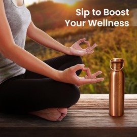 India House Pure Copper Water Bottle Drinking Set - Antique 7 Chakras Design 32oz Leak-Proof Copper Water Bottle with Two Copper Glasses & Coasters | Ayurvedic Copper Vessel with Handle Lid (Set 2)