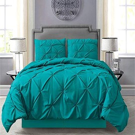 8 Piece Modern Pintuck Comforter Set King Size | Beautiful Pinch Pleated Textured Solid Color Luxury Bedding - Durable Casual Comfortable Warm Soft Cozy Comfy Teal Blue Comforter Bed in a Bag Sheets