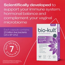 Bio-Kult Intimate Flora – Women’s Vaginal & Gut Microbiome Supplement - 7 Live Bacterial Strains + Vitamins B6, D & E - Hormonal, Immune & Digestive Support - 2.5 Billion CFU - 30 Capsules