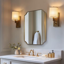 MIRRORART Gold Wall Mirror, 24"x32" Bathroom Vanity Mirror, Round Rectangle Mirror with Scalloped Edge, Brushed Gold Mirror with Anti-Rust Stainless Steel Frame Wall Mounted Vertical or Horizontal