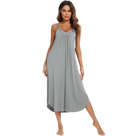 Jlowesun Cotton Chemise Nighties for Women UK,Soft Comfortable Long Nightgowns with Wavy Hemline,V-Neck Full Slip Loose Stretchy Strappy Ladies Nightshirt L Grey