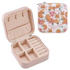 ZZKKO Cute Baby Fox Pink Flower Small Jewelry Box Travel Jewelry Case Leather Jewelry Travel Organizer Mini Portable Storage Boxes for Womens Rings Necklaces Gifts Pink