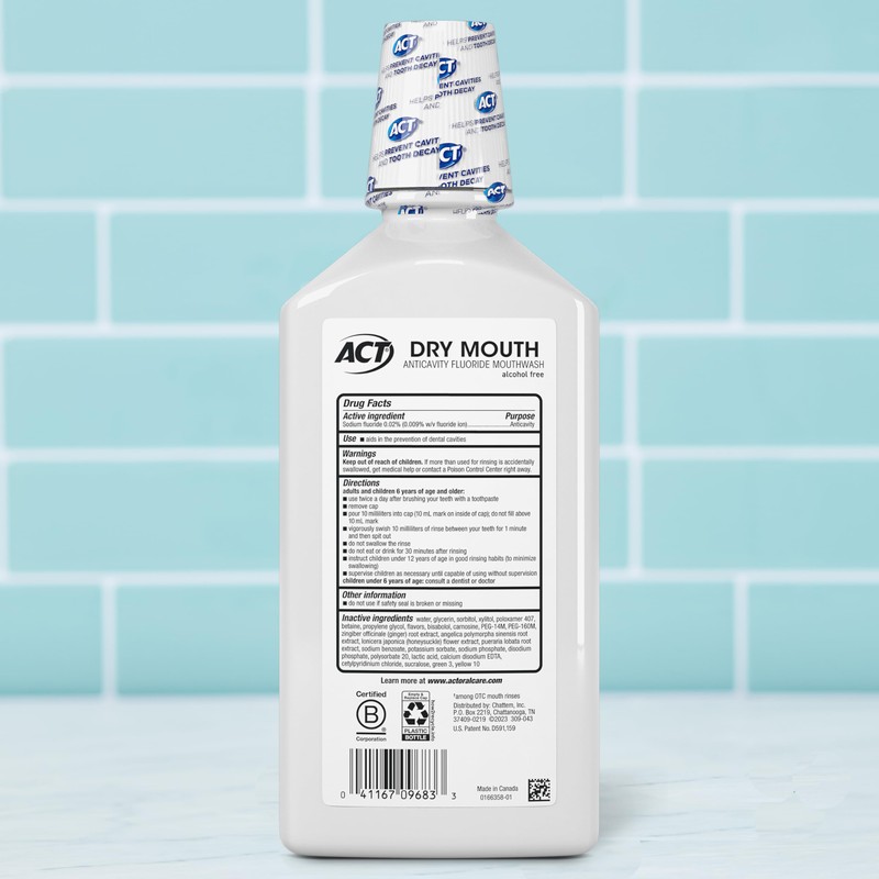 ACT Dry Mouth Anticavity Zero Alcohol Fluoride Mouthwash, Soothing Mint,