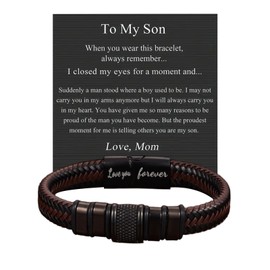 To My Son Bracelet From Mom Braided Leather Men's Bracelet with 'Love You Forever' Engraved Birthday Inspirational Gifts for Son
