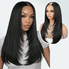 Yaki Straight Layered V Part Wigs for Black Women Long Straight V Shape Wigs Synthetic Half Wig Wear and Go Glueless Wig No Leave out Clip in Hair Daily Use
