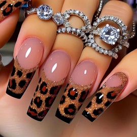 MISUD Press on Nails - Long Square Glue on Nails with Fall Brown Cheetah, Acrylic Bling Gold Glitter Design 24 pcs