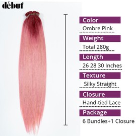 DÉBUT Ombre Red to Pink Synthetic Silky Straight 6 Bundles with Lace Front Closure 26 28 30 Inches Long Straight Hair Bundles Weave with Hand-Tied Middle Parting Lace Closure Ombre Pink
