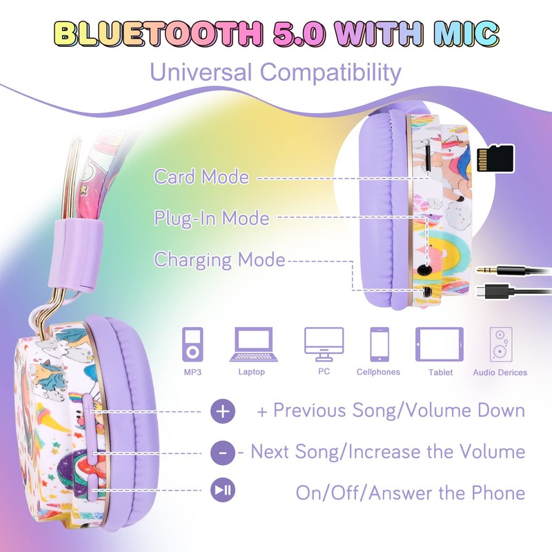 QearFun Unicorn Headphones for Girls Kids for School, Kids Bluetooth