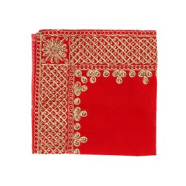 Decorative Velvet Pooja Cloth Mat Aasan Decorative Cloth for Multipurpose Indian Traditional Pooja Festival Decorations Item and Pooja Article Yellow Laxmi (Size: -15 Inches x 15 Inches) (Red)