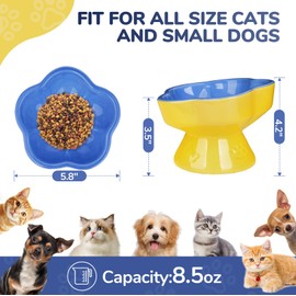 S&Q's CERAMICS Raised Cat Bowl, Elevated Cat Bowl for Food and Water, Ceramic Titled Dish, Anti Vomit & Whisker Friendly, Microwave and Dishwasher Safe (Blue, 5.8")